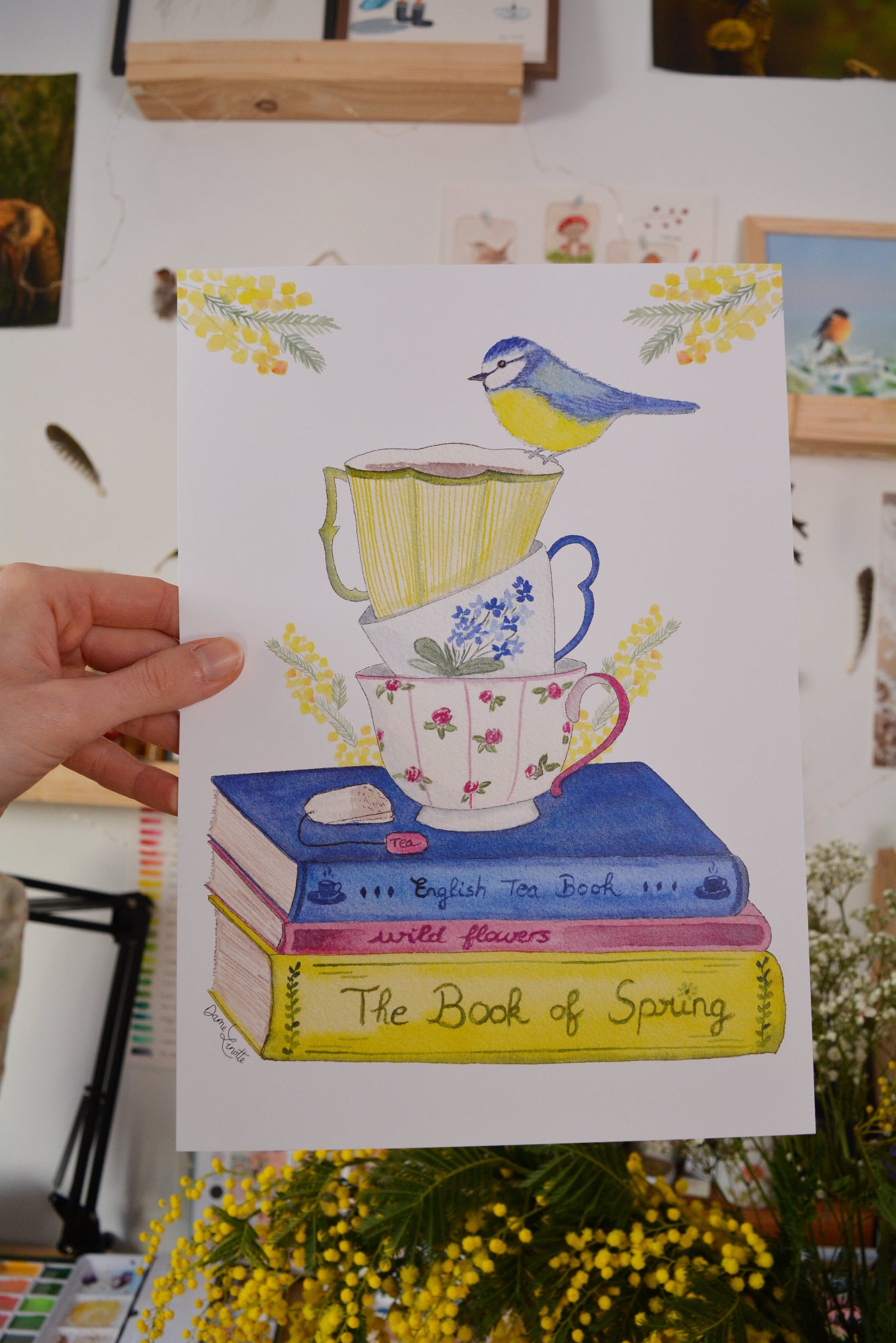 affiche a4 mesange tasses livres