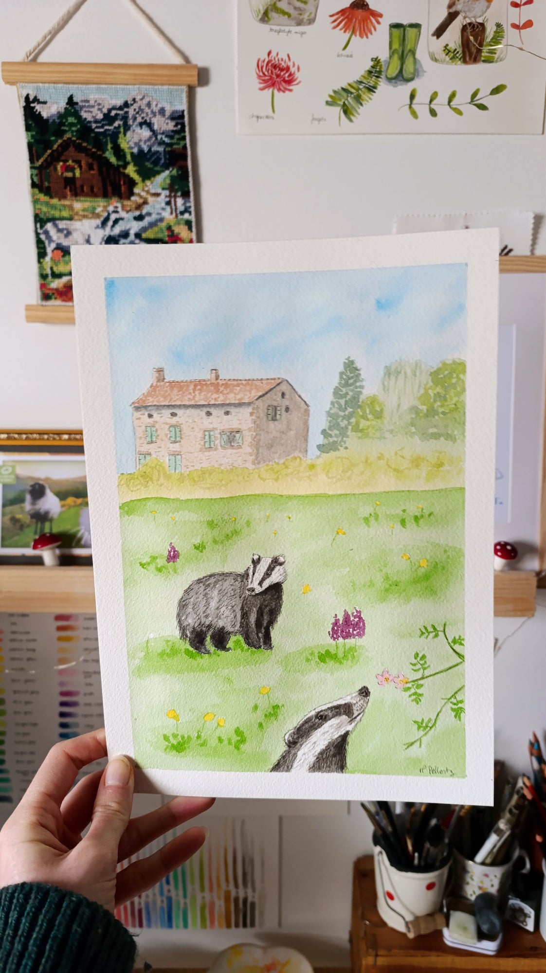 aquarelle personnalisée maison jardin blaireau