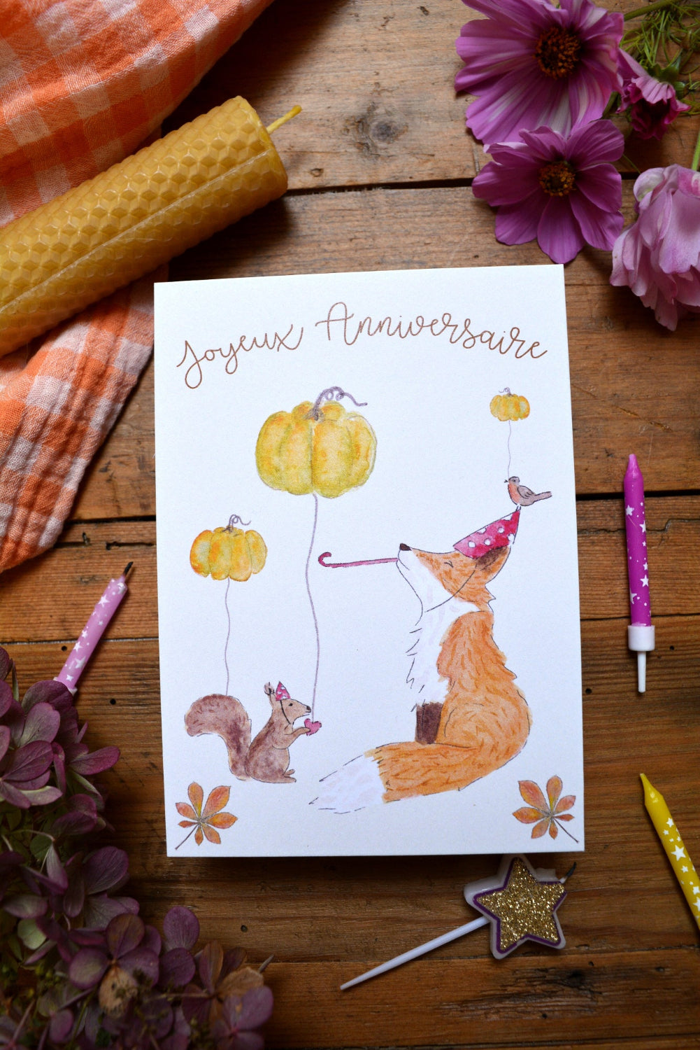 carte joyeux anniversaire avec un renard dans les tons automnales