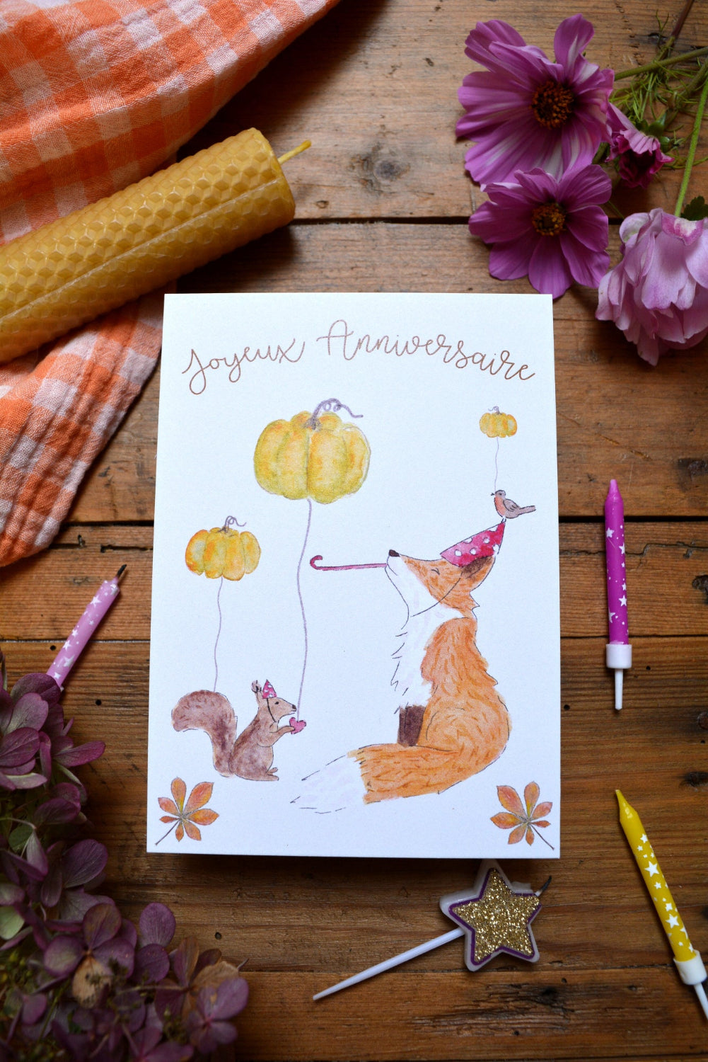 carte joyeux anniversaire renard automne