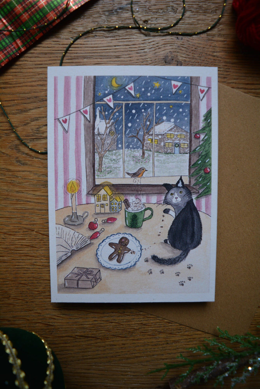carte postale chat de noël avec enveloppe kraft