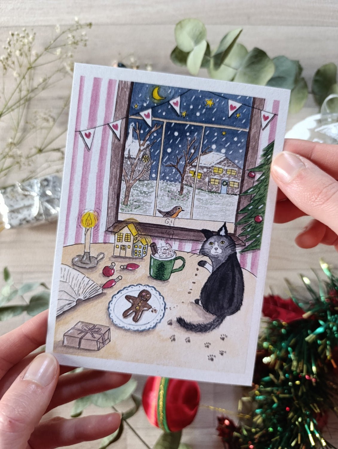 carte postale chat noël fenêtre