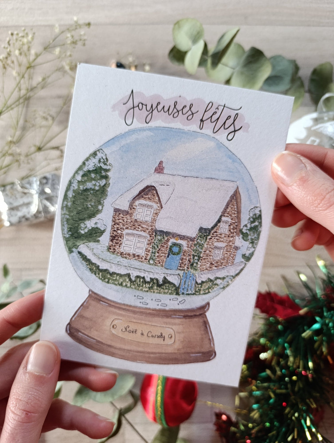 carte postale cottage boule de neige