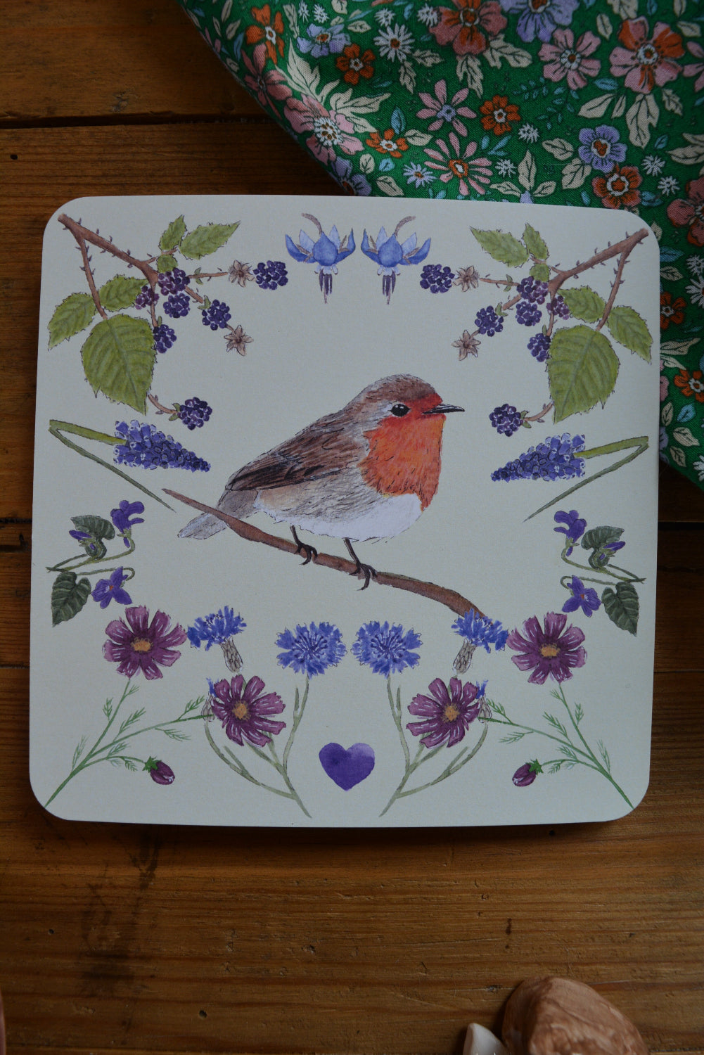 carte postale rouge gorge fleuri carrée