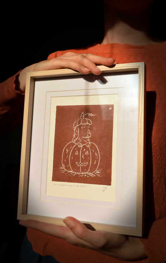 linogravure automne chien citrouille  marron