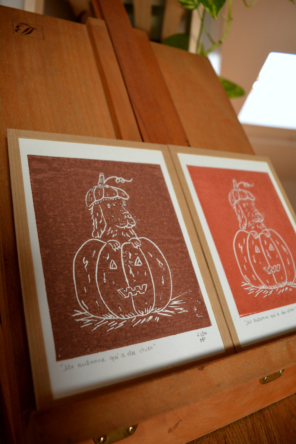 linogravure automne chien citrouille 