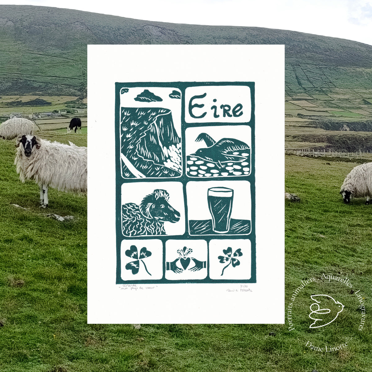 Linogravure "Irlande, mon pays de cœur" – Estampe artisanale signée - Format A4