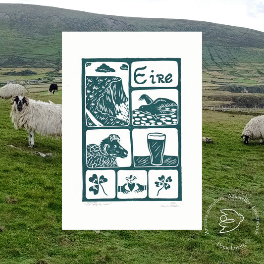 Linogravure "Irlande, mon pays de cœur" – Estampe artisanale signée - Format A4