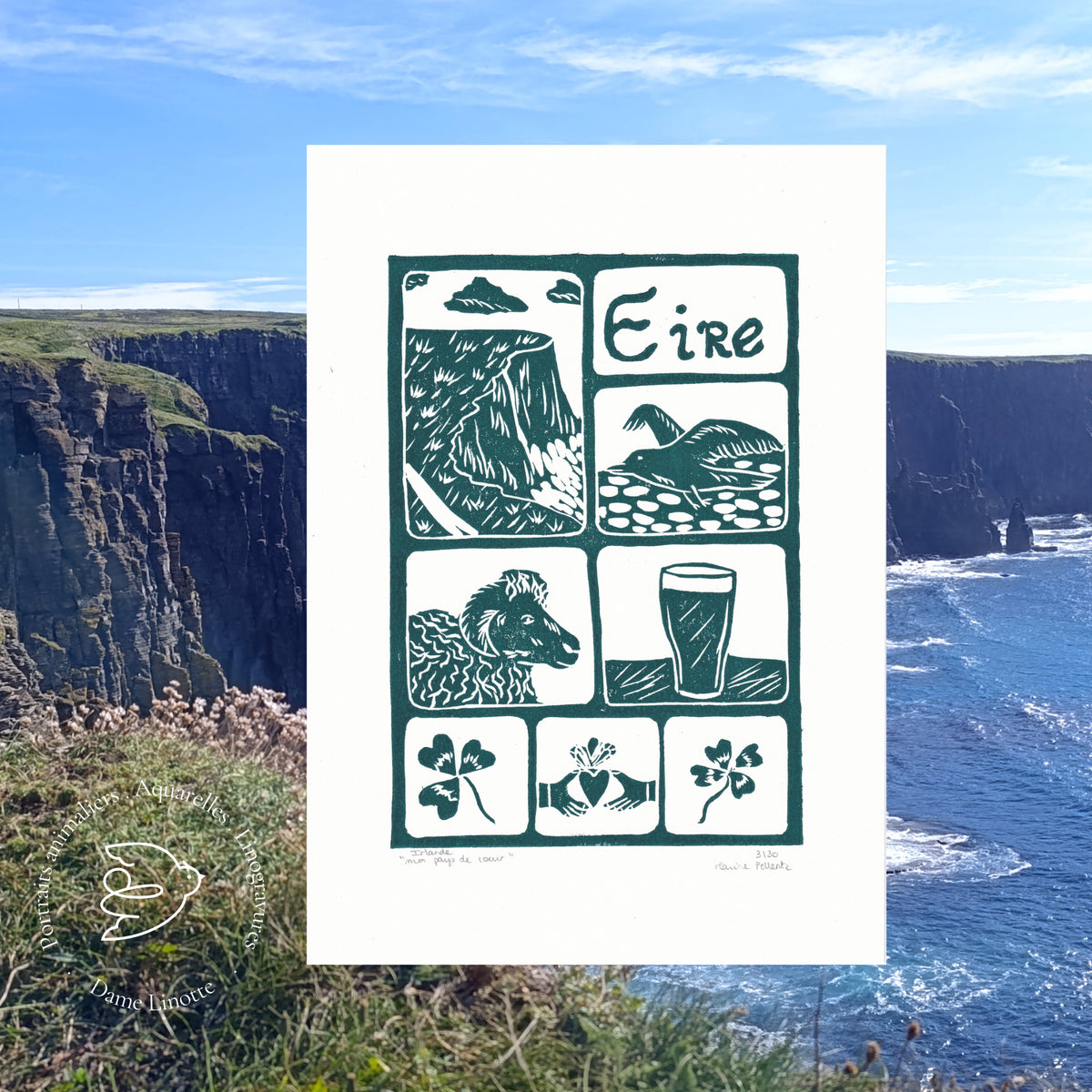 Linogravure "Irlande, mon pays de cœur" – Estampe artisanale signée - Format A4