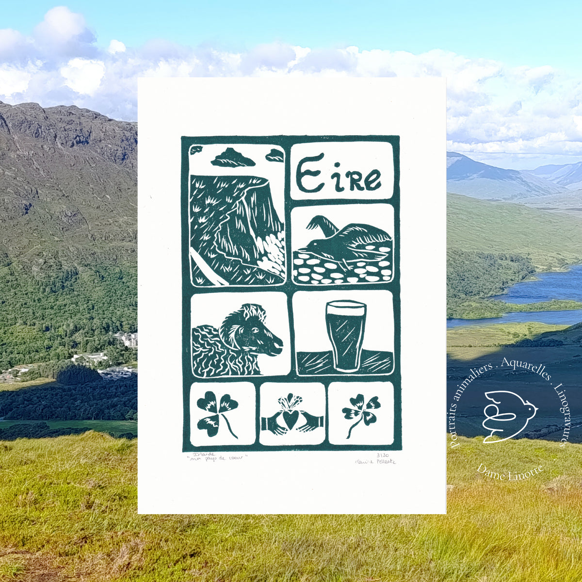 Linogravure "Irlande, mon pays de cœur" – Estampe artisanale signée - Format A4