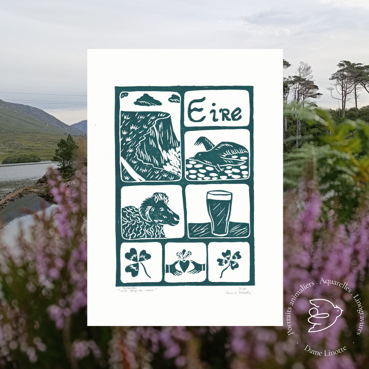 Linogravure "Irlande, mon pays de cœur" – Estampe artisanale signée - Format A4