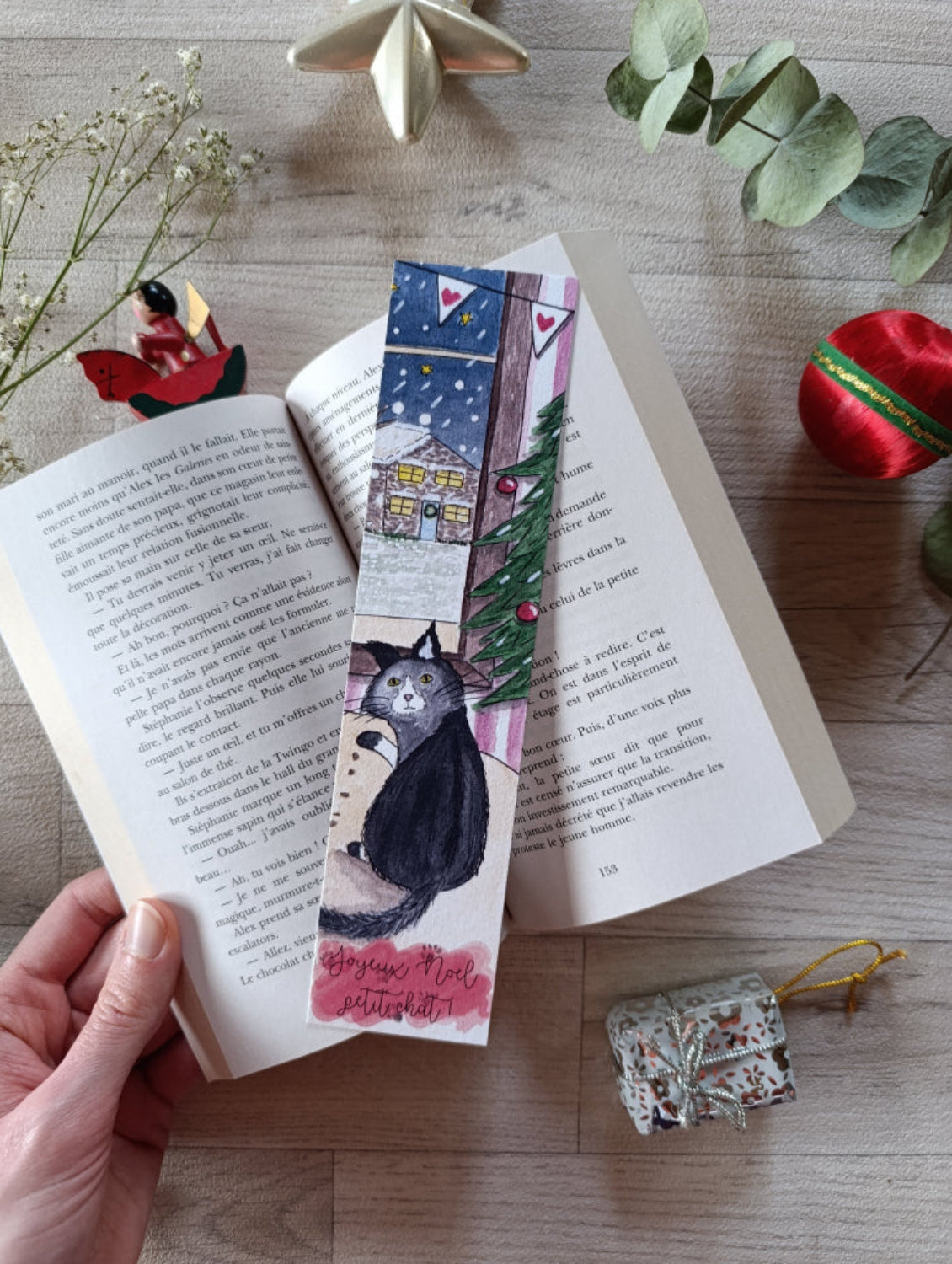 marque page avec écrit joyeux noël petit chat